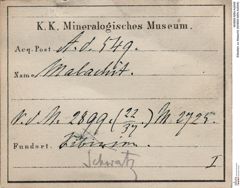 Etiketten zu Malachit (NHMW-MIN-Ad549)